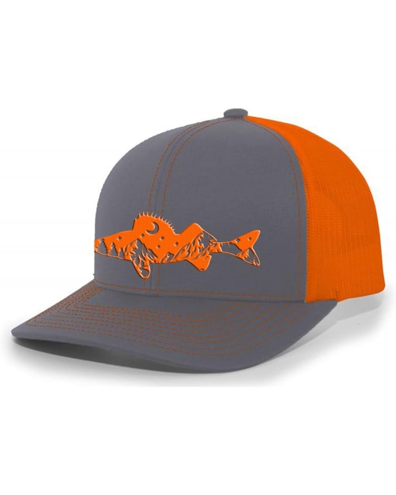 Freshwater Fish Forest Mountain Scenic Walleye Mens Embroidered Mesh Back Trucker Hat Charcoal/Neon Orange $15.05 Baseball Caps