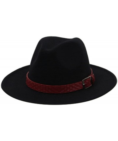 Womens Fedora Hat Men Solid Wide Brim Hats Wine Red Belt Felted Autumn Winter Formal Dress Wedding Classic Cap Black $13.48 F...