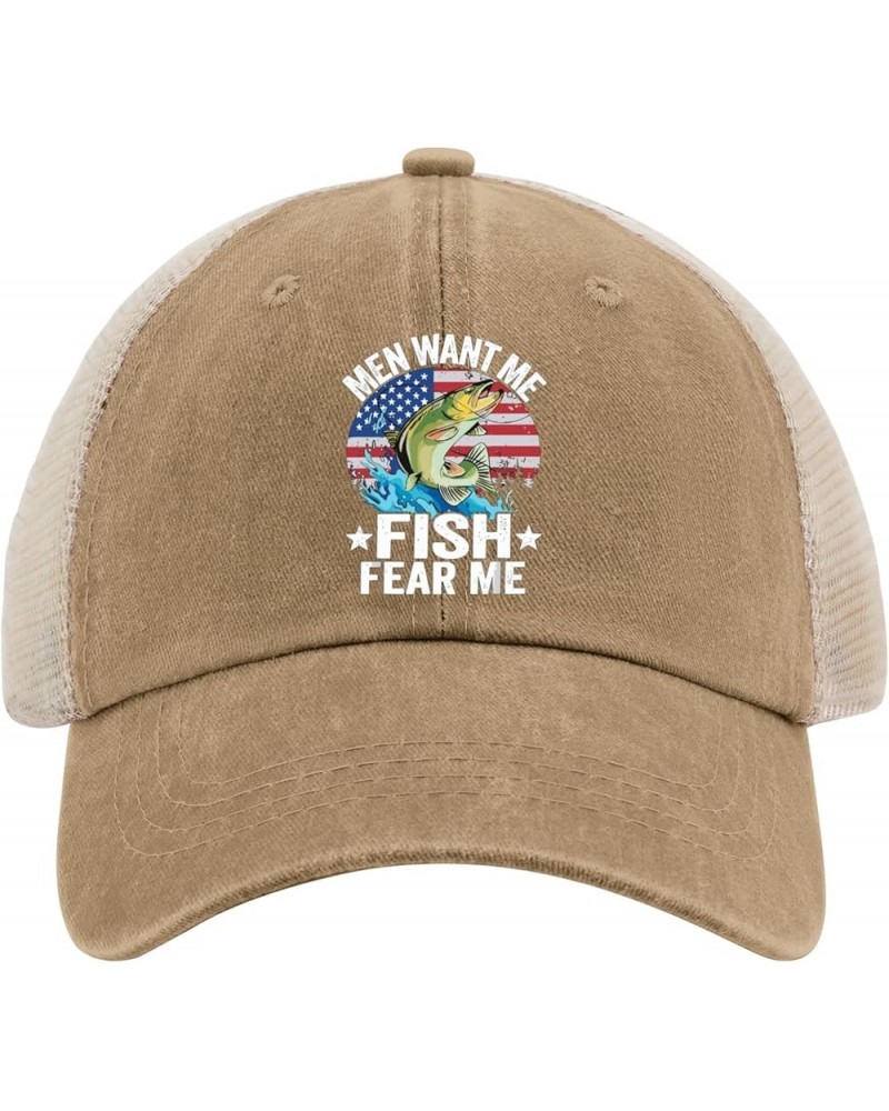 Men Want Me Fish Fear Me Hats for Men Baseball Caps Soft Washed Hiking Hats Cotton Pigment Khaki02 $10.59 Baseball Caps