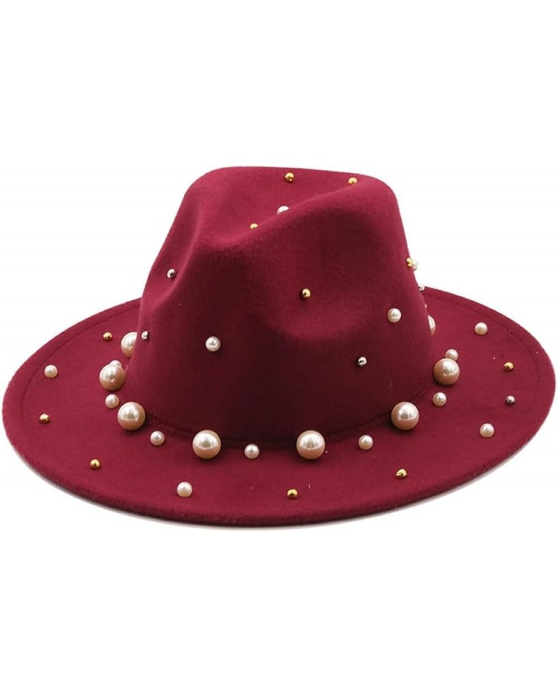 Spring Autumn Women Wide Brim Wool Felt Top Hat Pearl Accessories Jazz Party Wedding Fedora Hats Wine Red $13.20 Fedoras