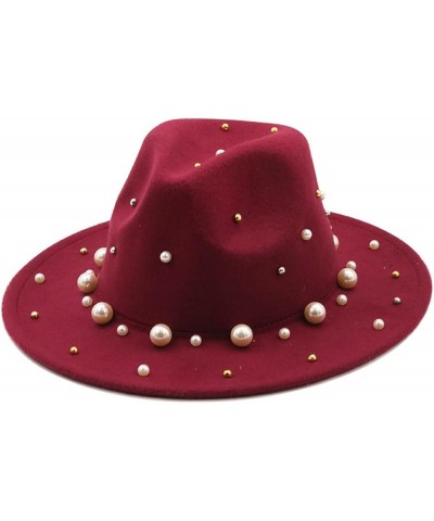 Spring Autumn Women Wide Brim Wool Felt Top Hat Pearl Accessories Jazz Party Wedding Fedora Hats Wine Red $13.20 Fedoras