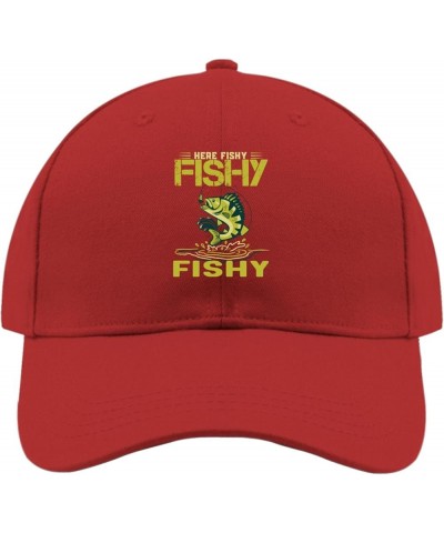 Here Fishy Fishyy Fishy Trucker hat Happy dad hat Mens Golf hat Gifts for Grandpa Summer Hat Red $9.59 Sun Hats