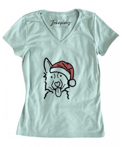 Santa Hat German Shepherd T-Shirt Women's Sage V-neck $17.84 Sun Hats