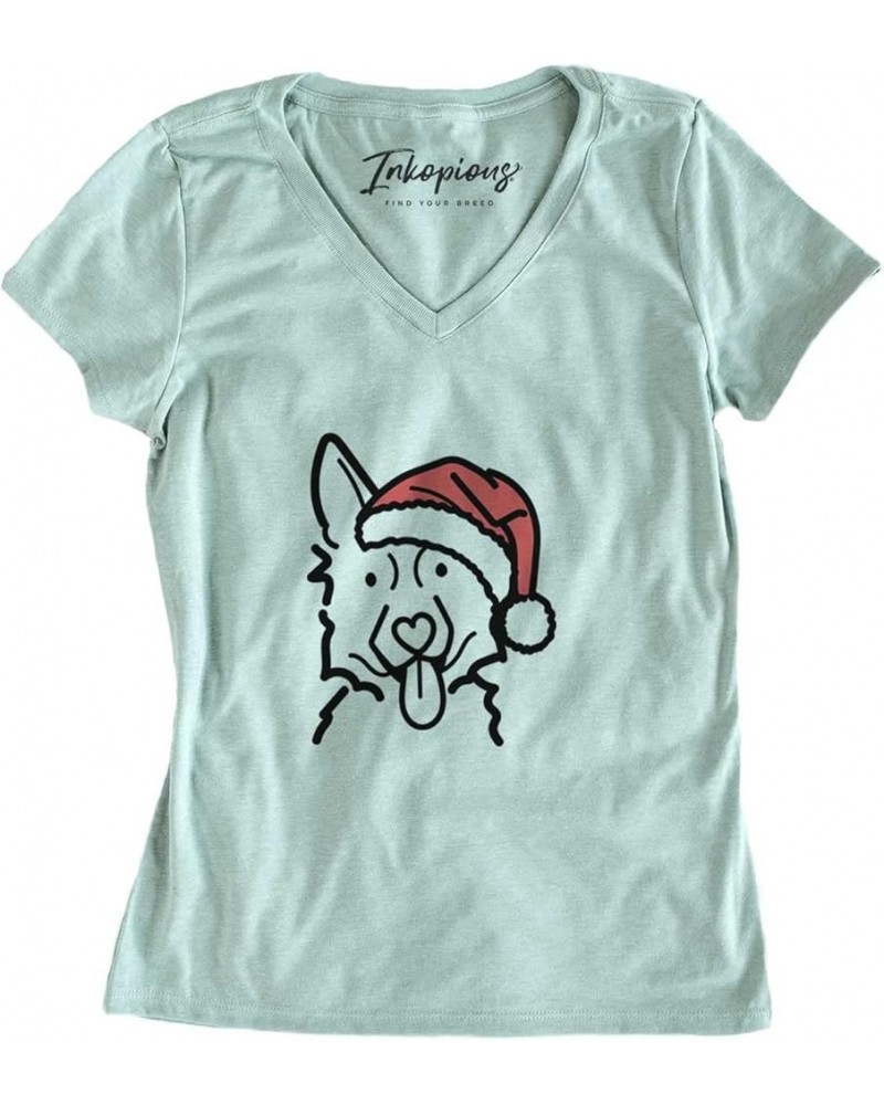 Santa Hat German Shepherd T-Shirt Women's Sage V-neck $17.84 Sun Hats