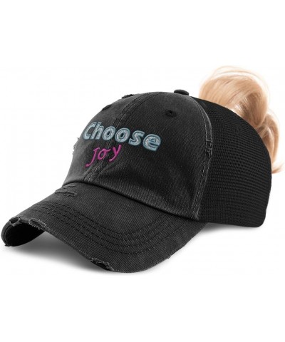 Womens Ponytail Cap Choose Joy Style B Cotton Distressed Trucker Hats Black $14.88 Baseball Caps