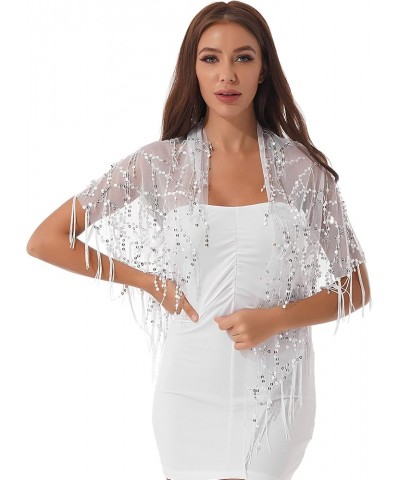 Womens 1920s Sequin Shawl Wraps Fringed Evening Cape Scarf for Wedding Prom Party White $11.19 Scarves