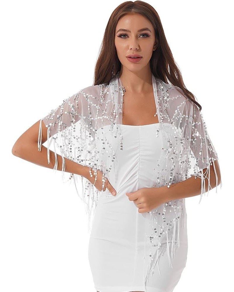 Womens 1920s Sequin Shawl Wraps Fringed Evening Cape Scarf for Wedding Prom Party White $11.19 Scarves