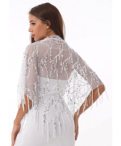 Womens 1920s Sequin Shawl Wraps Fringed Evening Cape Scarf for Wedding Prom Party White $11.19 Scarves