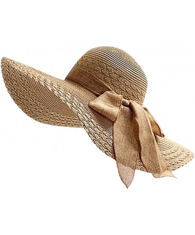 Floppy Straw Sun Hat Foldable Packable Wide Brim Summer Beach Hat Crochet Bucket Hat with Bow for Women A-khaki $6.43 Sun Hats