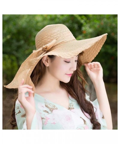 Floppy Straw Sun Hat Foldable Packable Wide Brim Summer Beach Hat Crochet Bucket Hat with Bow for Women A-khaki $6.43 Sun Hats