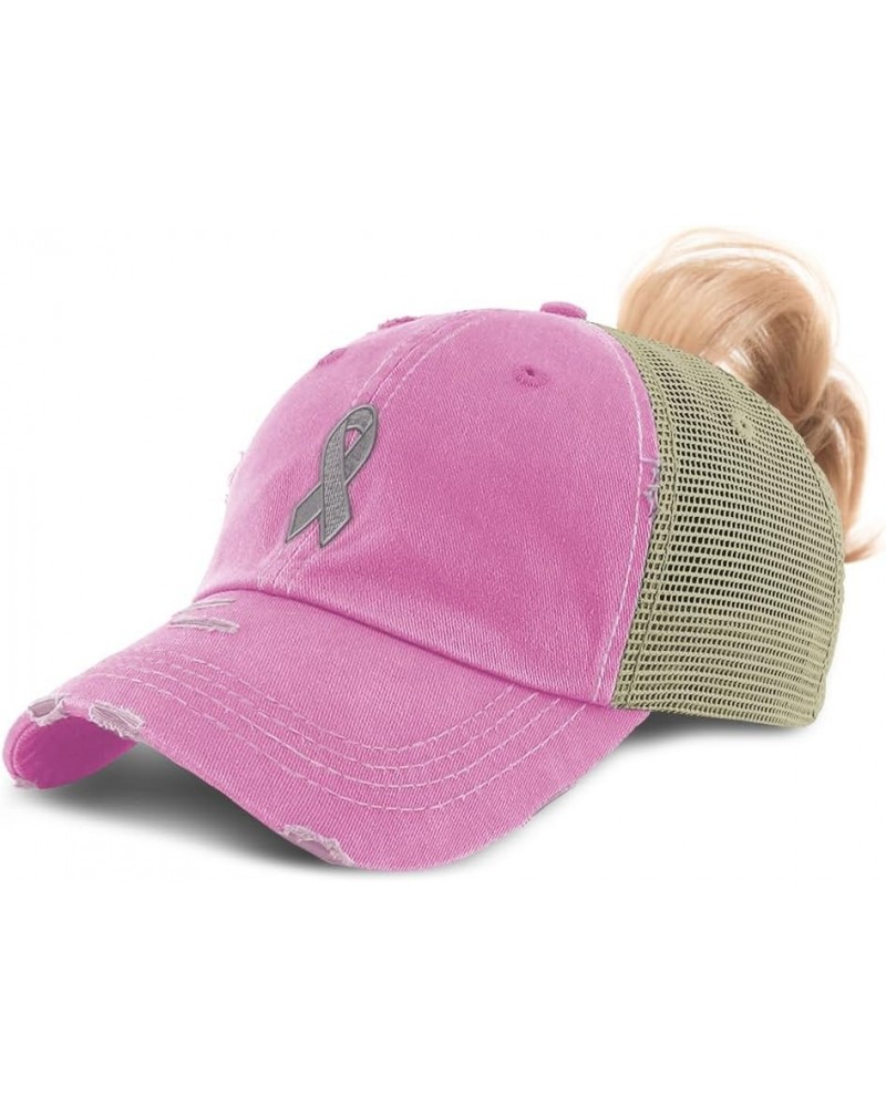 Womens Ponytail Cap Cancer Support Symbol H Cotton Distressed Trucker Hats Soft Pink $16.81 Baseball Caps