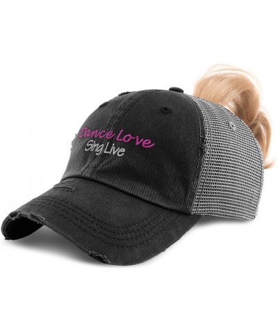 Womens Ponytail Cap Dance Love Sing Live Cotton Distressed Trucker Hats Black Grey $15.59 Baseball Caps