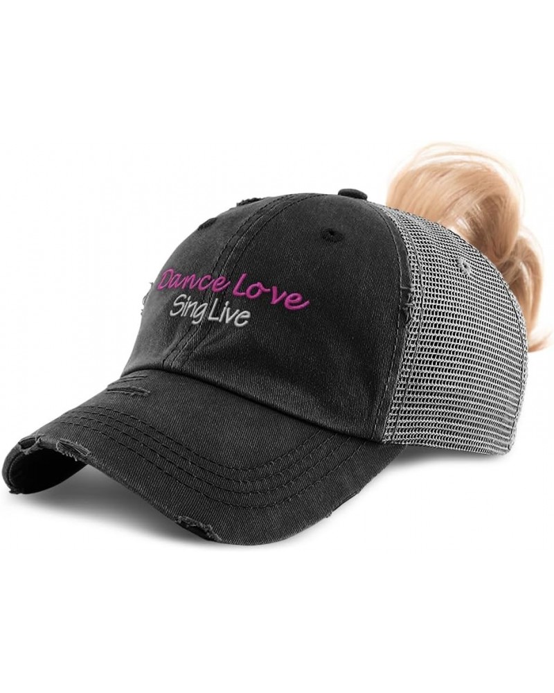 Womens Ponytail Cap Dance Love Sing Live Cotton Distressed Trucker Hats Black Grey $15.59 Baseball Caps