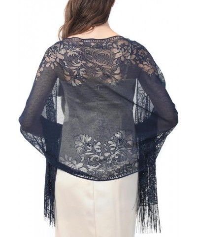 Women's Floral Lace Scarf Shawl with Tassels, Soft Mesh Fringe Wraps for Wedding Evening Party Dresses Navy $8.47 Scarves