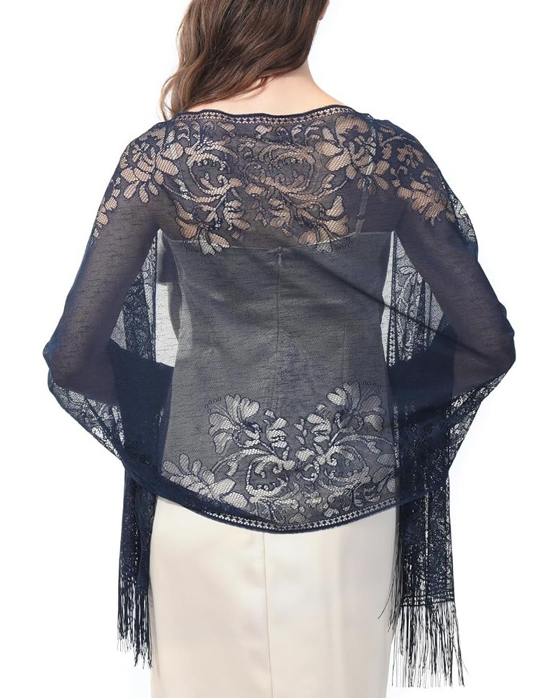 Women's Floral Lace Scarf Shawl with Tassels, Soft Mesh Fringe Wraps for Wedding Evening Party Dresses Navy $8.47 Scarves