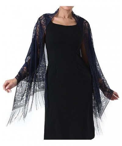 Women's Floral Lace Scarf Shawl with Tassels, Soft Mesh Fringe Wraps for Wedding Evening Party Dresses Navy $8.47 Scarves