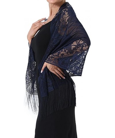 Women's Floral Lace Scarf Shawl with Tassels, Soft Mesh Fringe Wraps for Wedding Evening Party Dresses Navy $8.47 Scarves