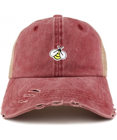 Small Yellow Bee Embroidered Patch Frayed Bill Trucker Mesh Back Cap Wine $14.49 Baseball Caps