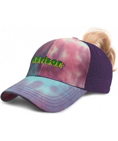 Womens Ponytail Cap Advisor Financial Cotton Education Distressed Trucker Hat Tie Dye Purple Design Only $17.10 Baseball Caps