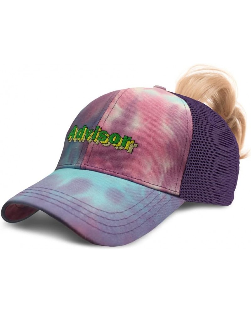 Womens Ponytail Cap Advisor Financial Cotton Education Distressed Trucker Hat Tie Dye Purple Design Only $17.10 Baseball Caps