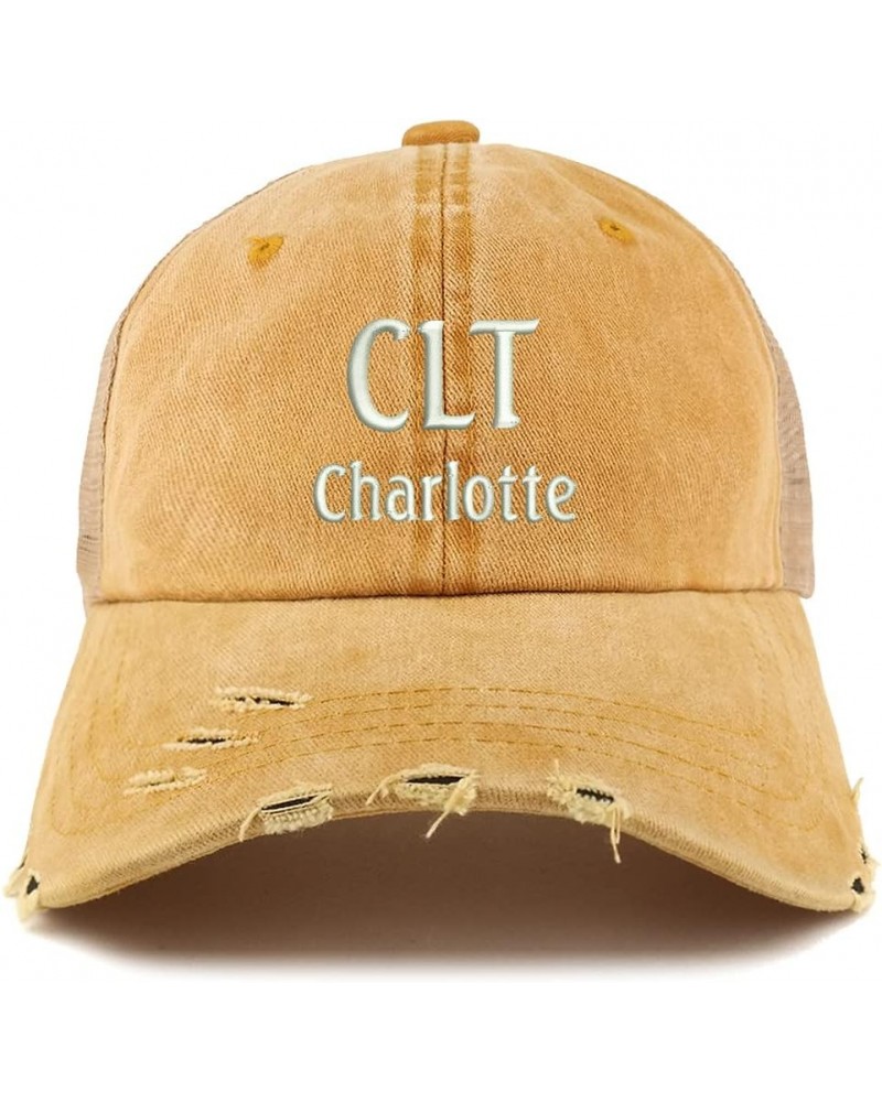 CLT Charlotte Embroidered Frayed Bill Trucker Mesh Back Cap Gold $14.24 Baseball Caps