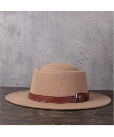 Retro Autumn Winter Pork Pie Hat Men Women Wool+polyestel Fashion Fedora Hat Leather with Belt Jazz Hat (Color : Khaki, Size ...