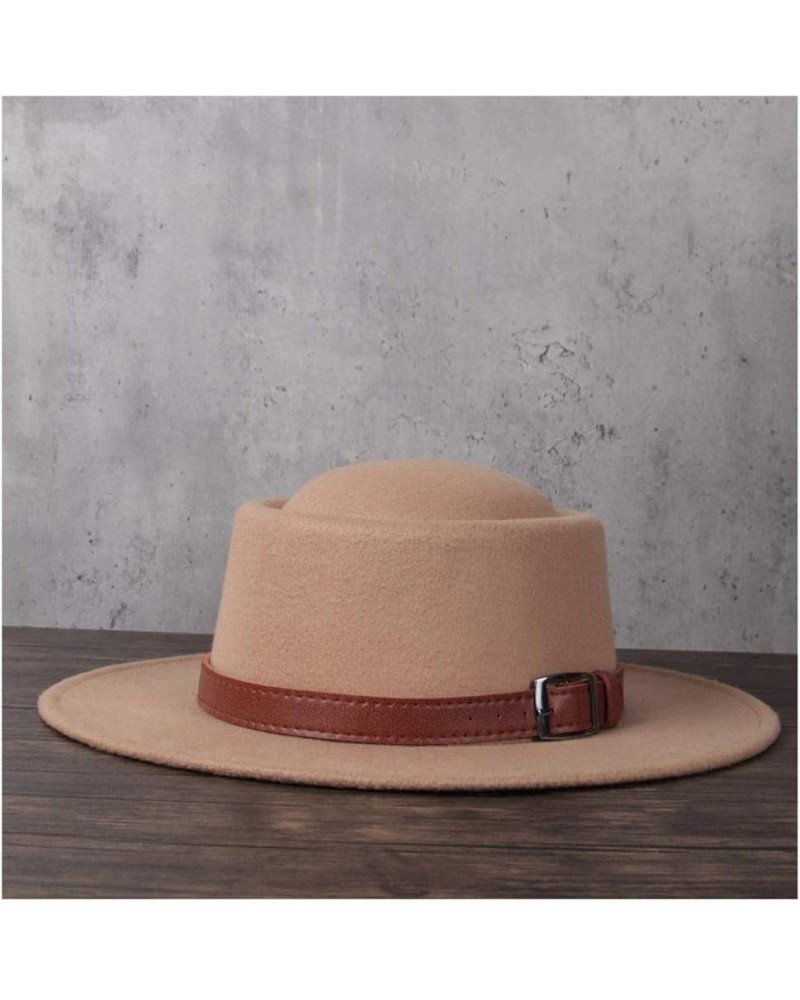 Retro Autumn Winter Pork Pie Hat Men Women Wool+polyestel Fashion Fedora Hat Leather with Belt Jazz Hat (Color : Khaki, Size ...