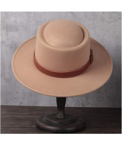 Retro Autumn Winter Pork Pie Hat Men Women Wool+polyestel Fashion Fedora Hat Leather with Belt Jazz Hat (Color : Khaki, Size ...