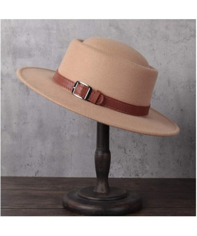 Retro Autumn Winter Pork Pie Hat Men Women Wool+polyestel Fashion Fedora Hat Leather with Belt Jazz Hat (Color : Khaki, Size ...