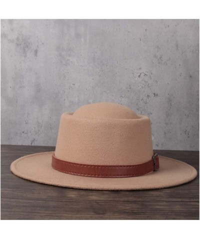 Retro Autumn Winter Pork Pie Hat Men Women Wool+polyestel Fashion Fedora Hat Leather with Belt Jazz Hat (Color : Khaki, Size ...