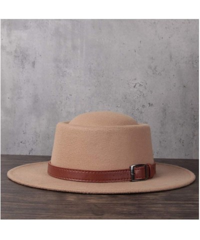 Retro Autumn Winter Pork Pie Hat Men Women Wool+polyestel Fashion Fedora Hat Leather with Belt Jazz Hat (Color : Khaki, Size ...