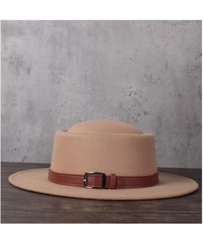 Retro Autumn Winter Pork Pie Hat Men Women Wool+polyestel Fashion Fedora Hat Leather with Belt Jazz Hat (Color : Khaki, Size ...