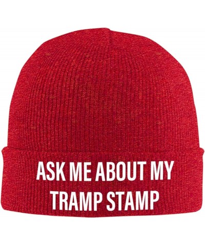 Ask Me About My Tramp Stamp Beanie Hat Funny Skull Cap Soft Warm Slouchy Knit Cap Red $10.38 Skullies & Beanies