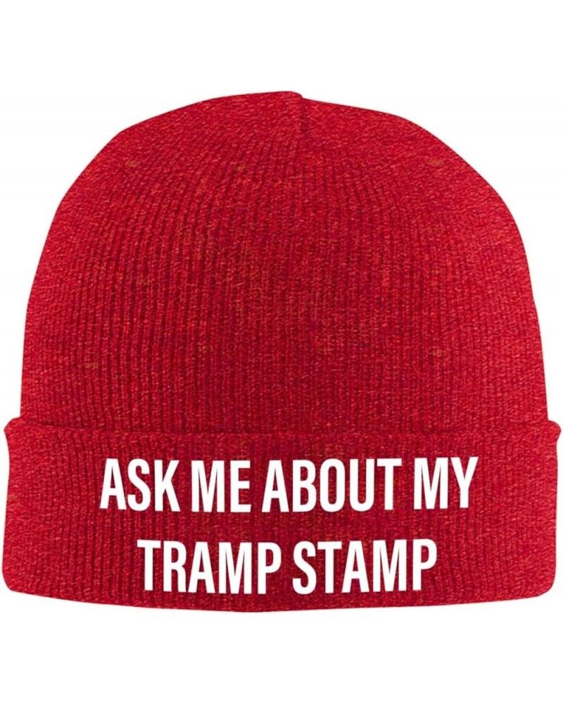 Ask Me About My Tramp Stamp Beanie Hat Funny Skull Cap Soft Warm Slouchy Knit Cap Red $10.38 Skullies & Beanies