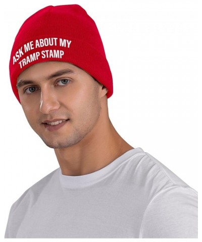 Ask Me About My Tramp Stamp Beanie Hat Funny Skull Cap Soft Warm Slouchy Knit Cap Red $10.38 Skullies & Beanies