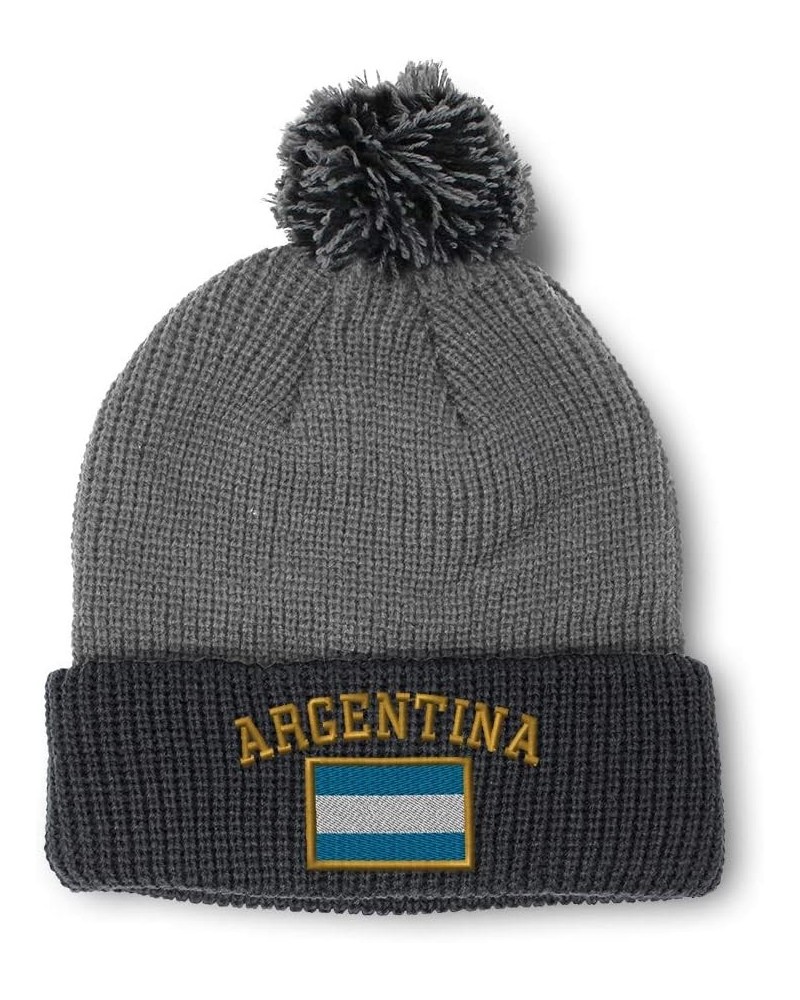 Custom Pom Pom Beanies for Women Argentina Flag Embroidery Skull Cap Winter Hats for Men Acrylic 1 Size Grey Black Design Onl...