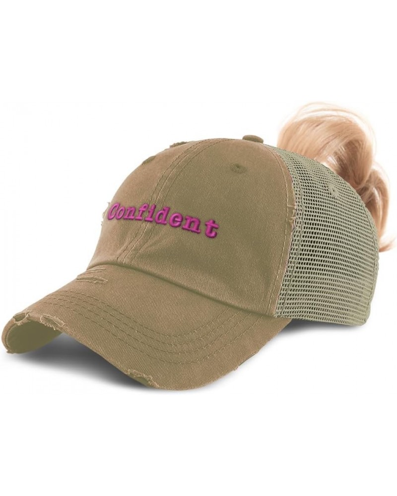 Womens Ponytail Cap Confident Cotton Distressed Trucker Hats Khaki $15.11 Baseball Caps