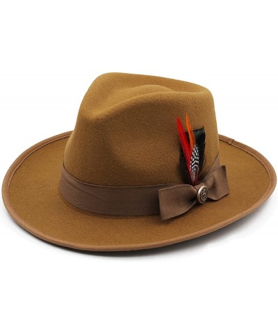 Womens Fedora Hat Wide Brim Felt Hat with Feather Band Panama Hat Gentleman Elegant Lady Church Jazz Caps Khaki $19.32 Fedoras