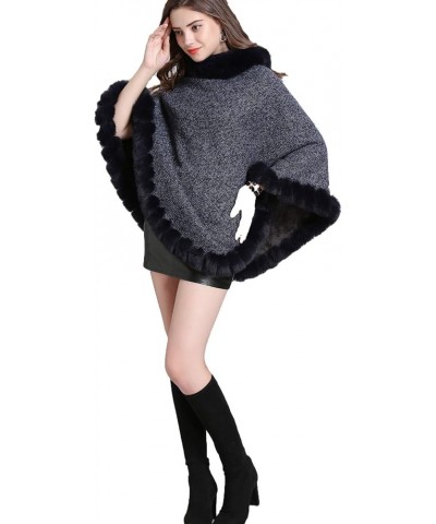 Womens Faux Fur Sweater Poncho Oversize Cape Elegant Wrap Shawl with Faux Fur Trim Collar Navy $22.08 Scarves