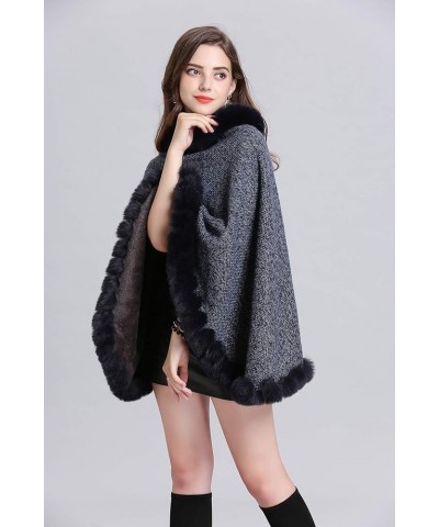 Womens Faux Fur Sweater Poncho Oversize Cape Elegant Wrap Shawl with Faux Fur Trim Collar Navy $22.08 Scarves