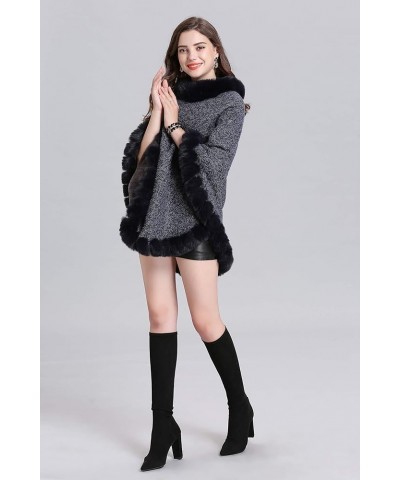 Womens Faux Fur Sweater Poncho Oversize Cape Elegant Wrap Shawl with Faux Fur Trim Collar Navy $22.08 Scarves