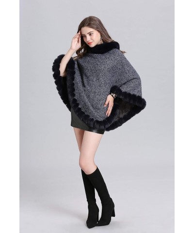 Womens Faux Fur Sweater Poncho Oversize Cape Elegant Wrap Shawl with Faux Fur Trim Collar Navy $22.08 Scarves