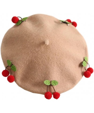 Beret Hat Women Wool Beret Cap with Cherry Decoration French Beret Cap for Female Casual Artist Light Brown Wool Blend $17.91...