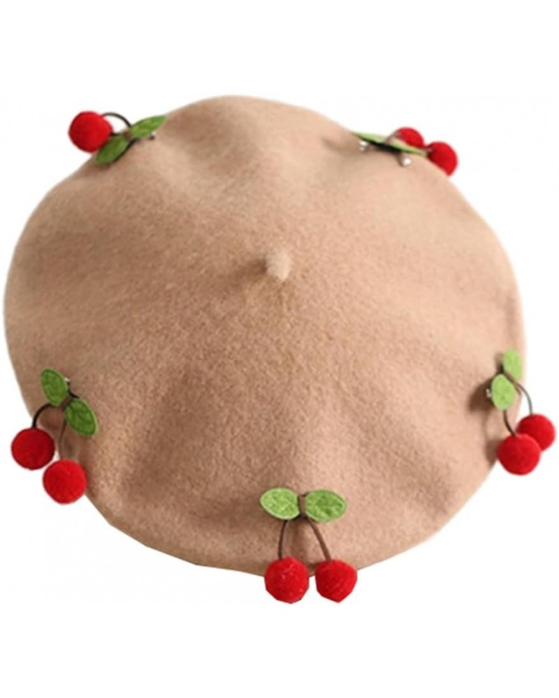 Beret Hat Women Wool Beret Cap with Cherry Decoration French Beret Cap for Female Casual Artist Light Brown Wool Blend $17.91...