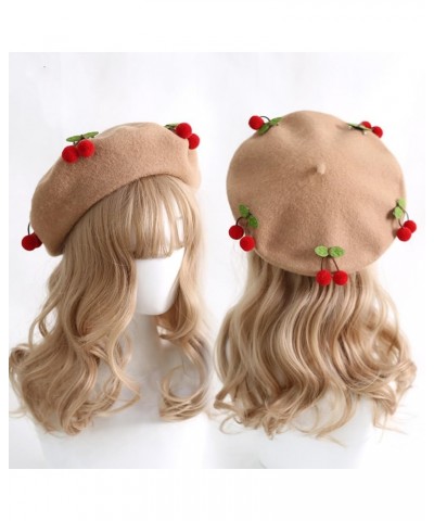 Beret Hat Women Wool Beret Cap with Cherry Decoration French Beret Cap for Female Casual Artist Light Brown Wool Blend $17.91...