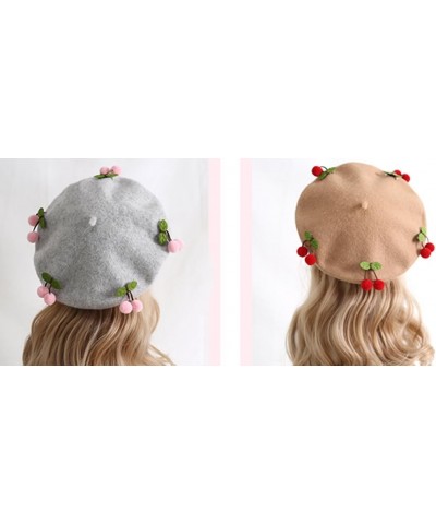 Beret Hat Women Wool Beret Cap with Cherry Decoration French Beret Cap for Female Casual Artist Light Brown Wool Blend $17.91...