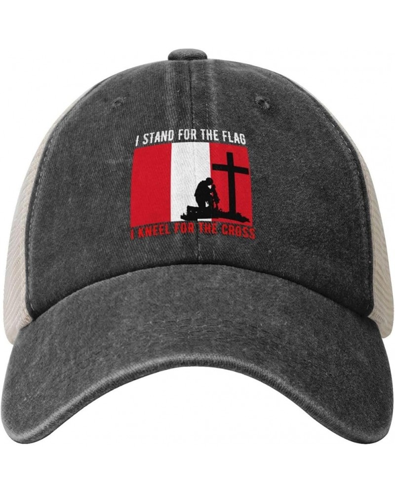 I Stand for The Peru Flag and I Kneel for The Cross Baseball Cap for Women Mens Hats Retro Mesh Caps Dad Hat Black $13.31 Bas...