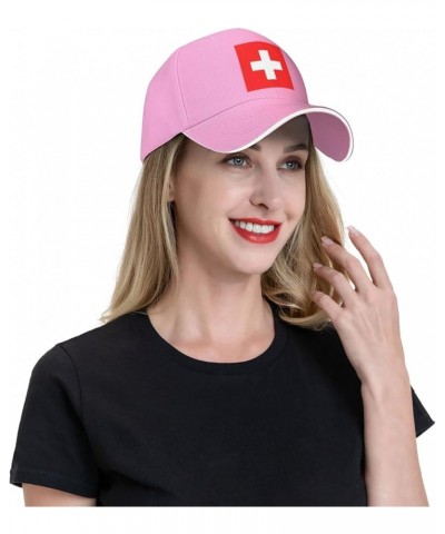 Swiss Flag Hat Adjustable Sandwich Peaked Cap Outdoor Sports Baseball Cap Trucker Cap Pink $13.00 Baseball Caps