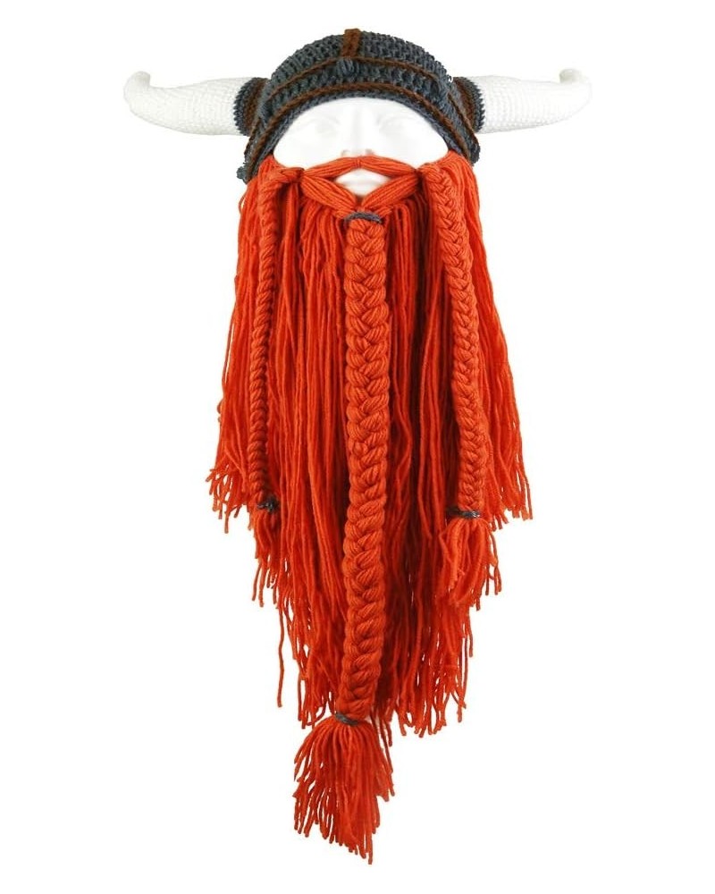 Men Funny Hat Viking Beard Beanie Horn Hat Long Beard Hats Winter Knit Wool Warm Cap Orange $17.39 Skullies & Beanies