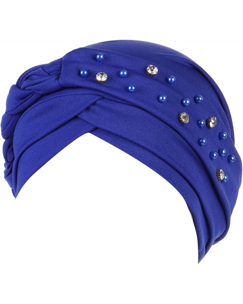 Women Stud Bead Turban Cap Braid Pre Tied Headwrap Hat Rhinestones Pearl Head Wrap Hats Tie Hair Wraps Caps Blue $6.83 Sun Hats